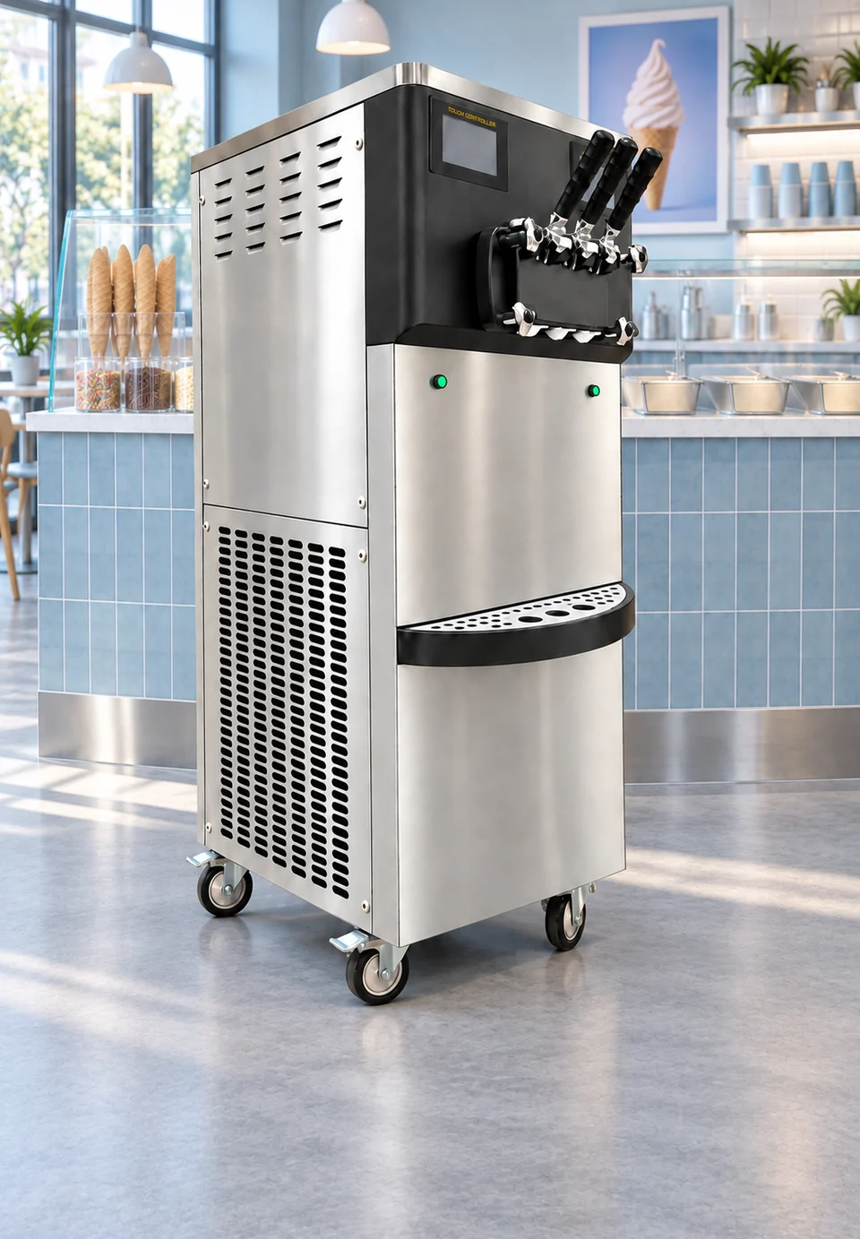High-output soft serve machine in an illustrative ice cream shop